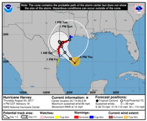 National Hurricane Center's Hurricane Harvey Track on Aug 24, 2017 at 4pm CDT