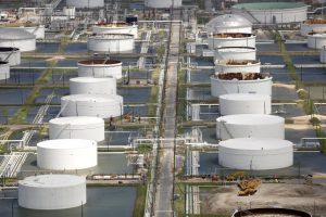 Oil refinery storage tanks in Texas City surrounded by rainwater from Hurricane Harvey 