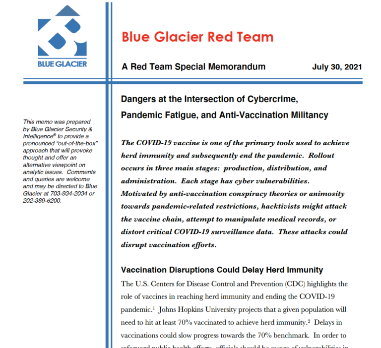 Blue Glacier Publishes “Red Team” Memorandum on the Intersection of Cybercrime, Anti-Vaccination Militancy, and Pandemic Fatigue