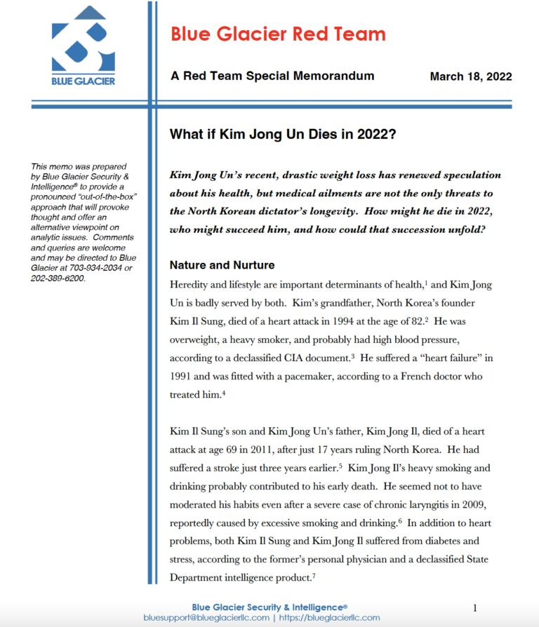 Blue Glacier Publishes “Red Team” Memorandum on “What if Kim Jong Un Dies in 2022?”