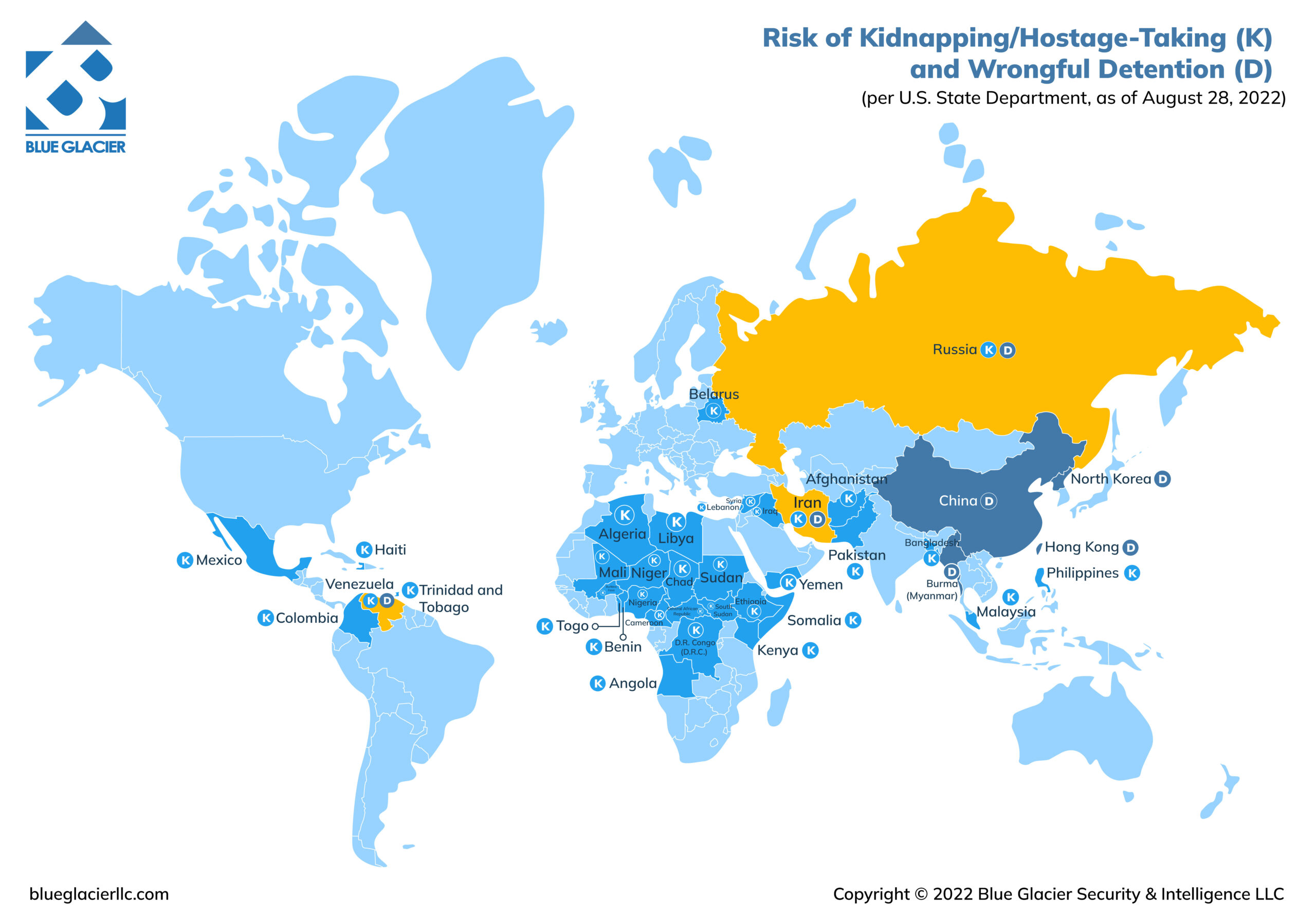 Map showing countries the U.S. State Department has designated as posing a high risk for kidnapping hostage taking and wrongful detention for travel