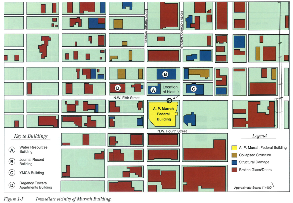 Immediate Vicinity of Murrah Bldg. Shows locations of collapsed structures, structural damage, and broken glass/doors