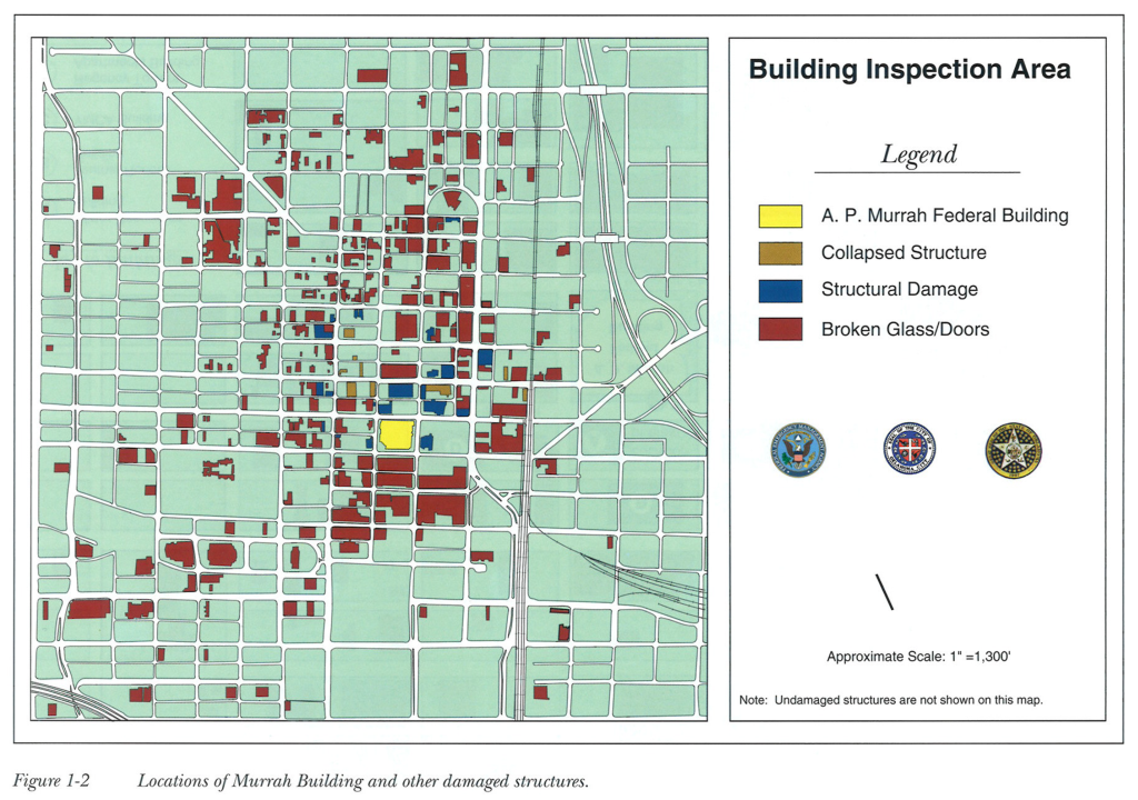 Murrah Bldg and other damage structures. Shows locations of collapsed structures, structural damage, and broken glass/doors